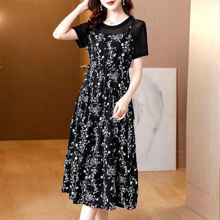 ORZQU 여성 여름원피스 빅사이즈 블랙 플라워 롱 원피스 쉬폰원피스