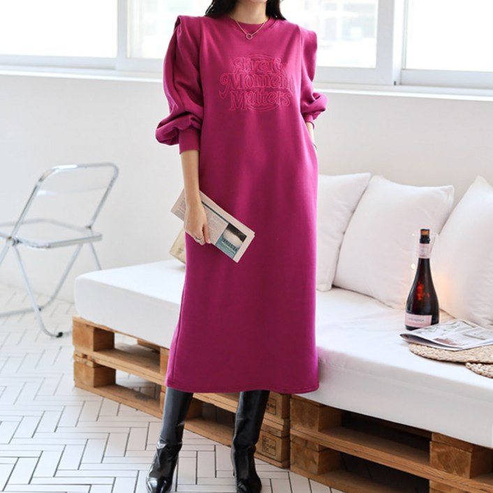 봉봉스토리 모먼 감성 자수 기모 퍼프소매 롱원피스