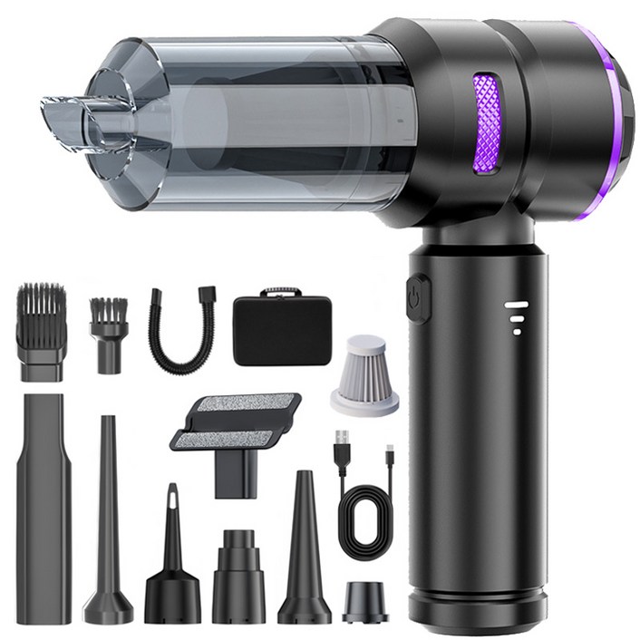 [최신형]Voltmate 휴대용 무선 에어건 청소기 차량 가정 야외 흡취일체형 다기능 청소기 LED 전량 표시 BLDC 브러시리스 16000Pa Type-C 포트 진공 포장, 블랙