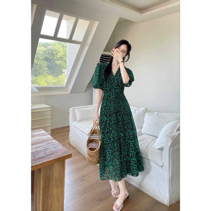 CD 봄신상 주름 작은 꽃무늬 쉬폰 브이넥 반팔 허리끈조임 캉캉미디 롱 원피스