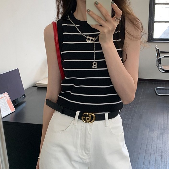 여성 스트라이프 나시티 민소매 나시 니트 줄무늬