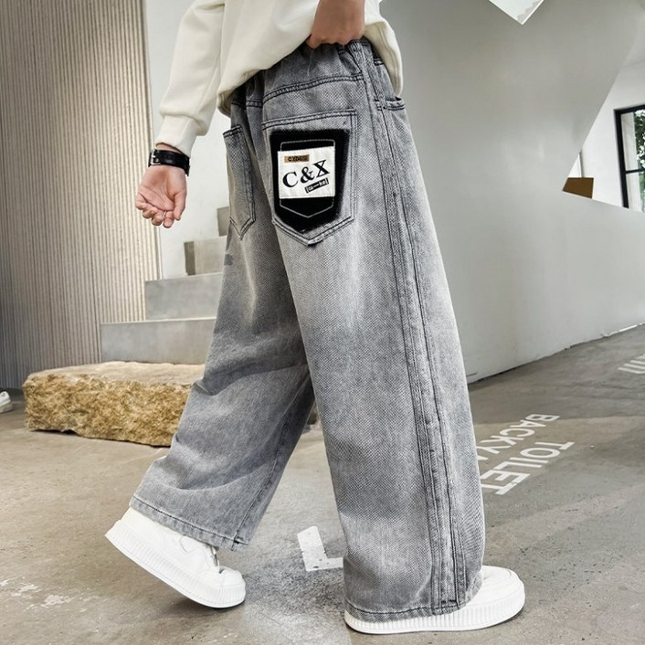 사사로이 남아 청소년 청바지 물빠진 와이드 팬츠 루즈핏 데님