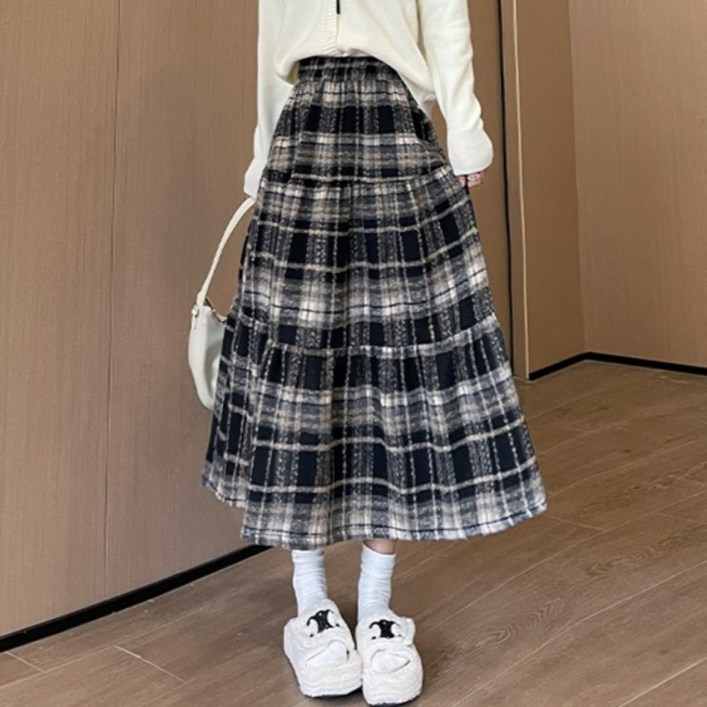 피어니스트 여성용 스플라이싱 체크패턴 플리츠 롱스커트