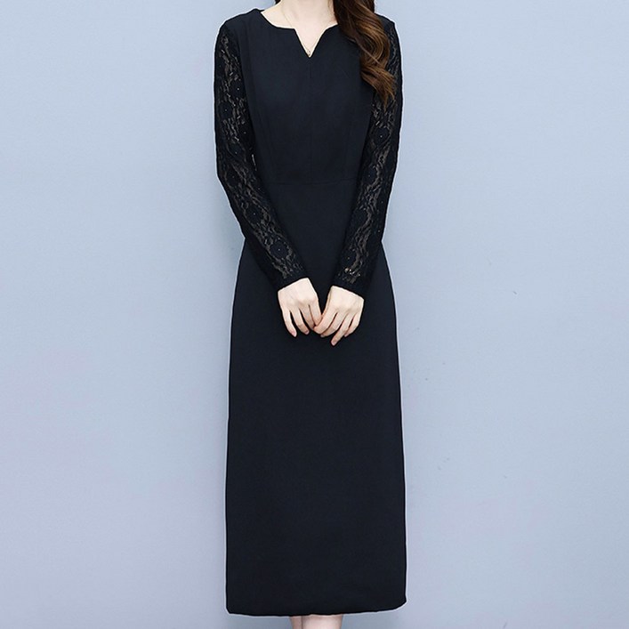 아뗄릭 여성용 레이스 포인트 브이넥 긴팔 롱 원피스 02860 빅사이즈 포함