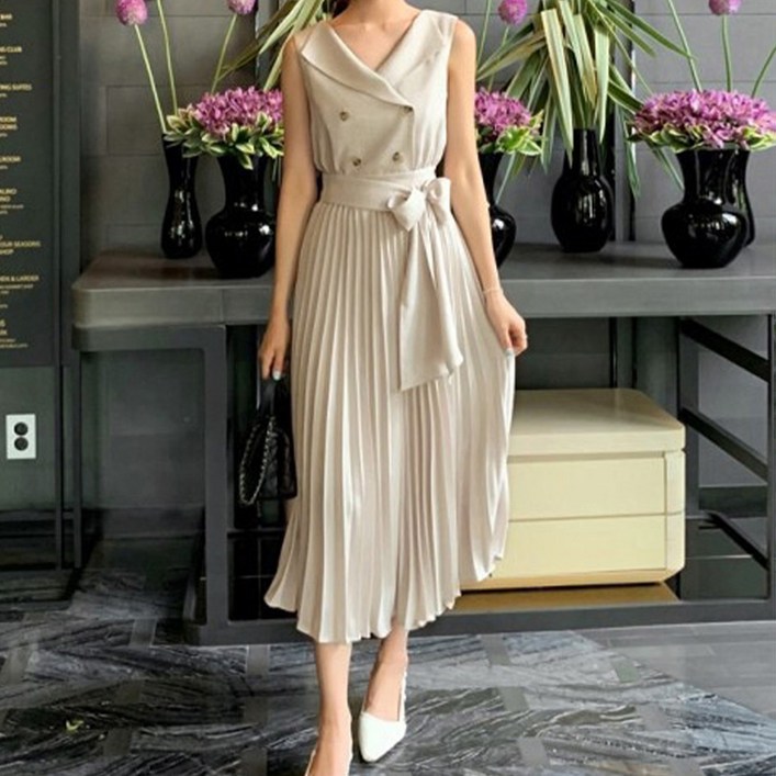 페이퍼먼츠 브이넥 리본 플리츠 롱 원피스 22634