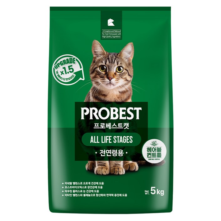 프로베스트 고양이 그린 전연령 기능성 사료, 헤어볼장건강, 5kg, 1개