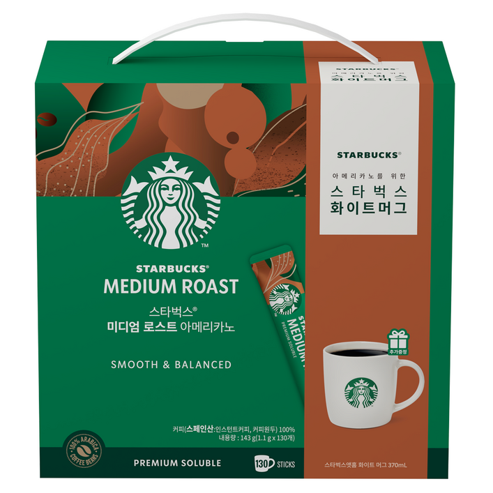 스타벅스 미디엄 로스트 아메리카노  화이트 머그 세트, 아메리카노 130p  머그 370ml, 1세트