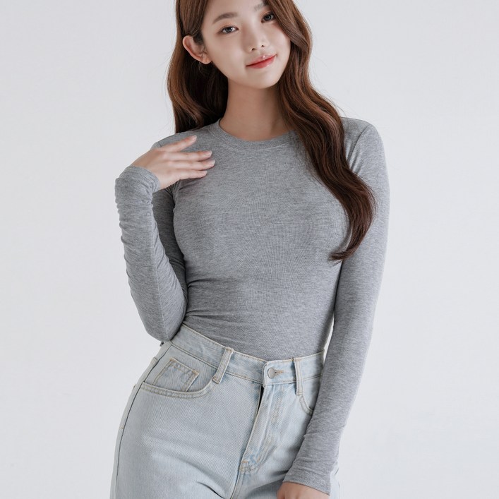 젬블링 여성용 슬림핏 라운드넥 면 스판 긴팔 티셔츠