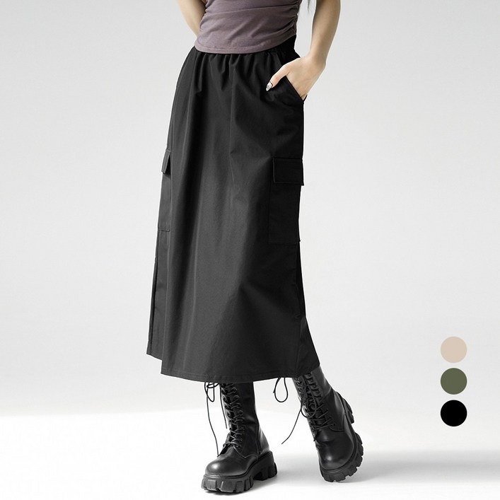 코튼클로젯 여성용 카고 밴딩 뒷트임 롱 스커트