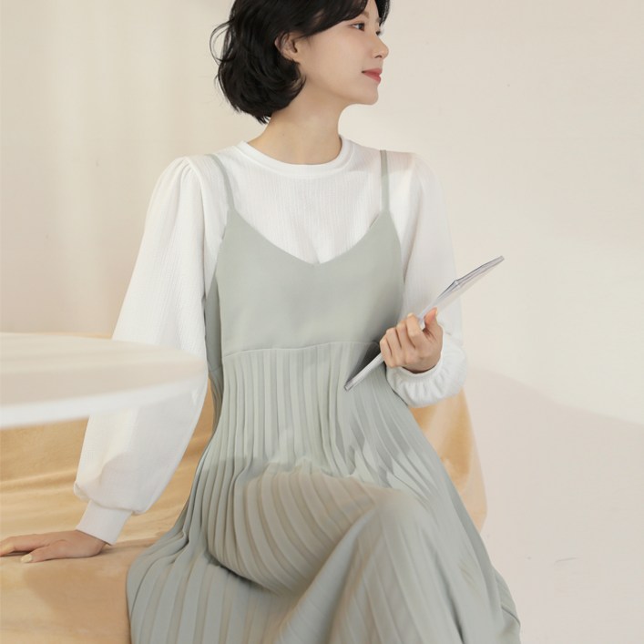 빼빼 여성용 브이넥 뷔스티에 플리츠 롱 원피스