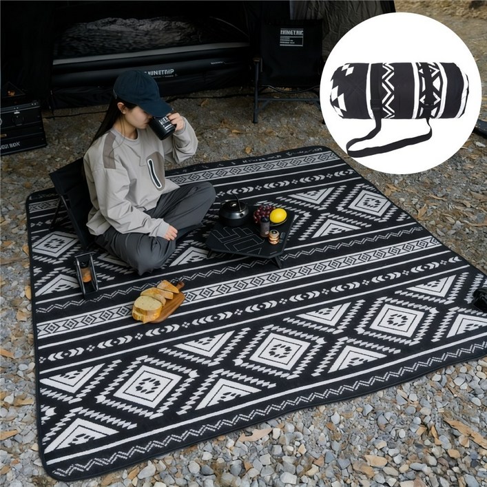 혜신 야외 가족 두께 강화 피크닉 매트 두꺼운 접이식 휴대용 캠핑러그, 블랙