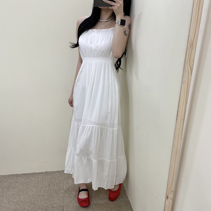 VANANA2 여성 리본 스모크 플레어 나시 롱원피스 4color VANANA2 여성 리본 스모크 플레어 나시 롱원피스 4color