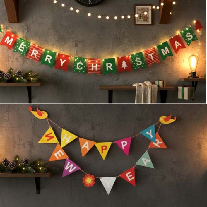 2개세트 크리스마스 해피뉴이어 가랜드 연말연시 벽 꾸미기 인테리어 홈데코