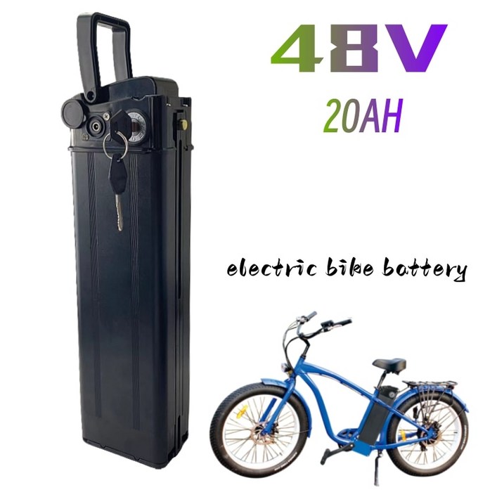 전기 자전거 배터리 리튬  실버 피쉬 스타일 알루미늄 케이스 포함 도난 방지 잠금 48V, 20Ah
