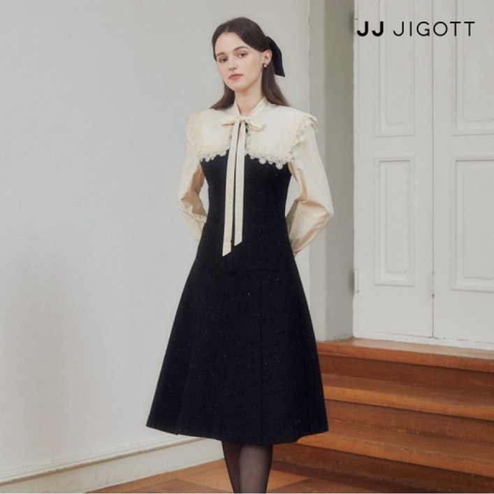 JJ지고트    배색 슬리브 메탈사 울 원피스 GNBP0OP43