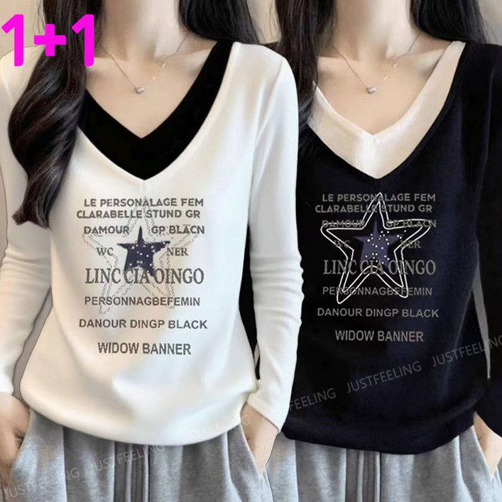 JUSTFEELING 1+1 도톰한 레이어드 긴팔티셔츠 여성 날씬해보이는 프린트티 브이넥 레터링 두꺼운 이너티 봄가을 겨울 따뜻한 박시티 80kg까지