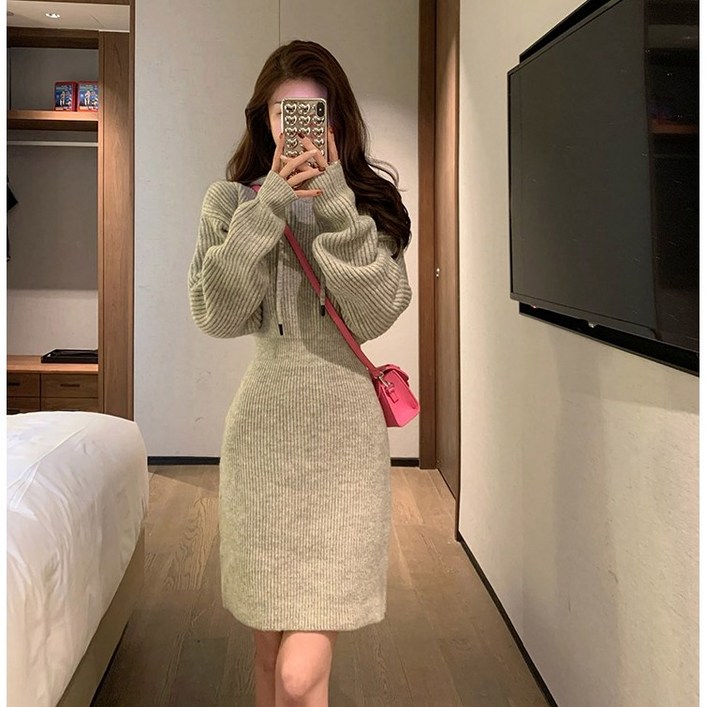 메이조아 후드니트원피스 여성스러운 미니원피스