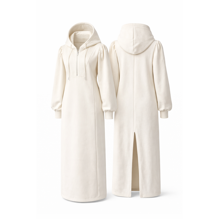 4컬러 어깨퍼프 가슴주름 일자 오버 루즈핏 후드 기모 롱원피스