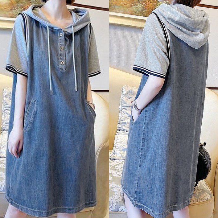신상 추천 150kg까지 빅사이즈 여성 청원피스 후드 미디 우아한 심플 원피스 여름 편한 외출용 박스 루즈핏 데일리 캐쥬얼 버튼 일자핏 시원한 날씬해보이는 주머니있는 원피스