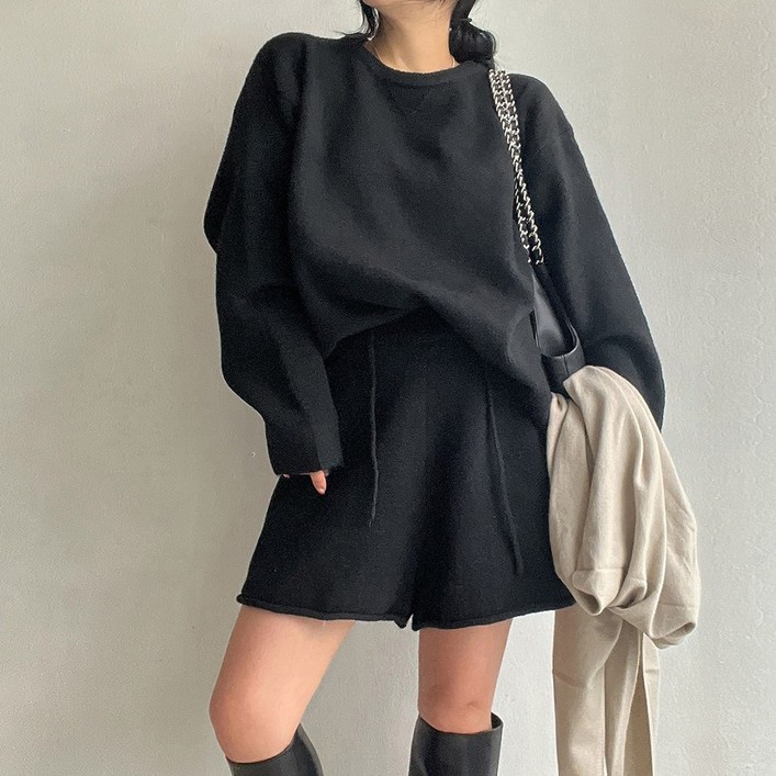 네모엔룩 울오버하프 여성용 울혼방 오버핏 라운드넥 밴딩팬츠 상.하의 세트 니트 투피스,상의1,하의1,총2장