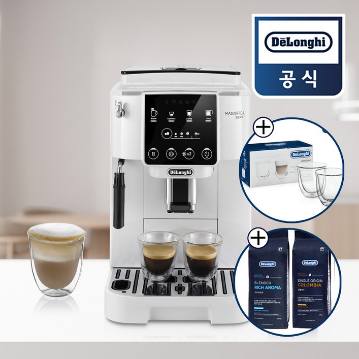 카푸치노잔원두 증정드롱기 전자동 커피머신 롱 화이트 KRECAM220.20.W, KRECAM220.20.W