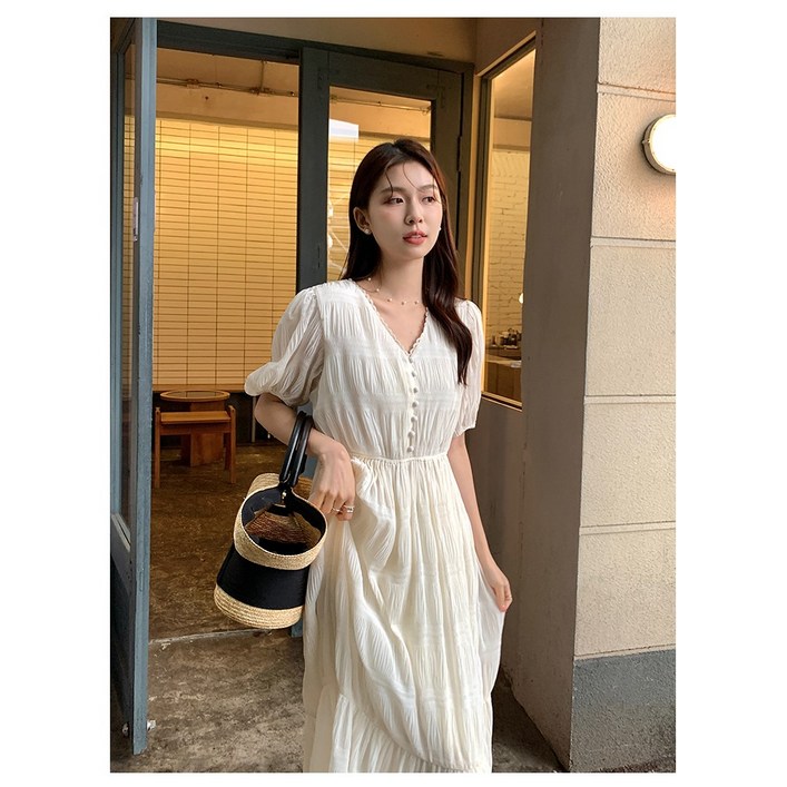 로맨틱 레이스 콩단추 퍼프 캉캉 샤랄라 롱 원피스 러블리 여친룩 돌잔치 행사 드레스