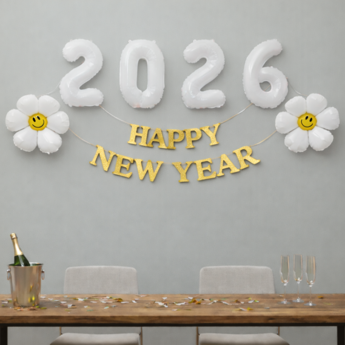 리브론 연말 연초 파티 용품 풍선 새해 해피뉴이어, 1개, 화이트플라워