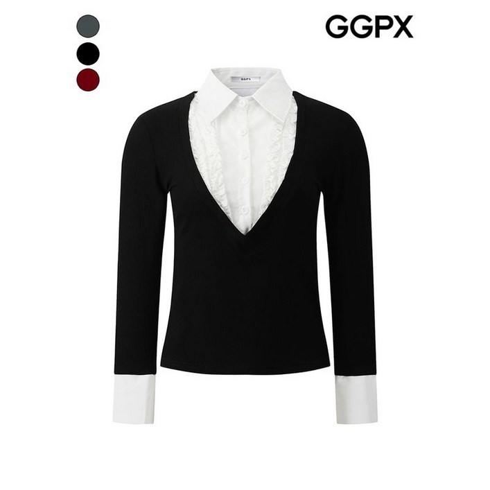 GGPX 프릴 카라넥 레이어드형 배색 티셔츠 GPCTS008F
