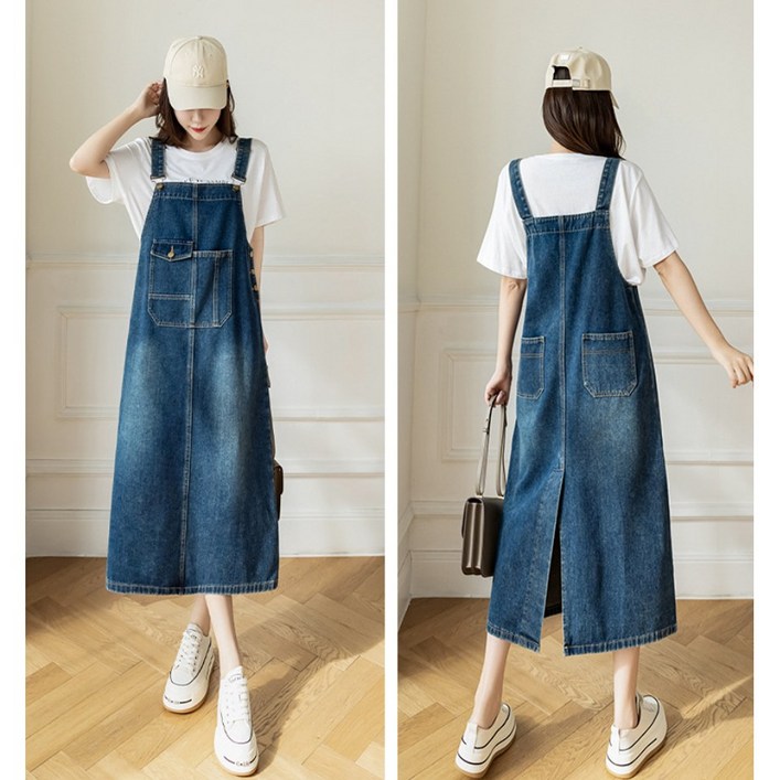 여성 캐주얼 뒷트임 포켓 데님 멜빵 원피스