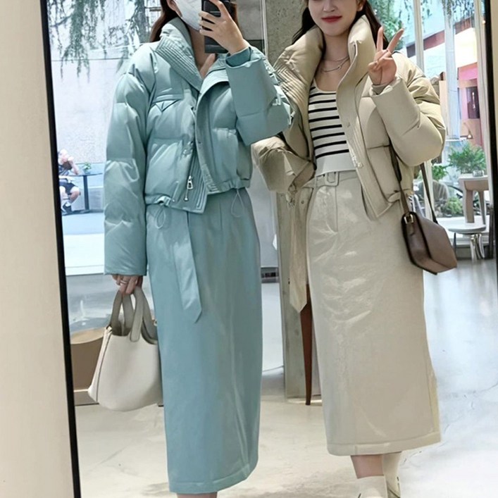 POMTOR 가을 겨울 패딩 세트 여성 프리미엄 칼라 패딩 코트 미디스커트 투피스