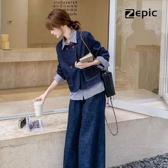 Zepic 여성 데님 투피스 캐주얼 데님 패치워크데님 통바지