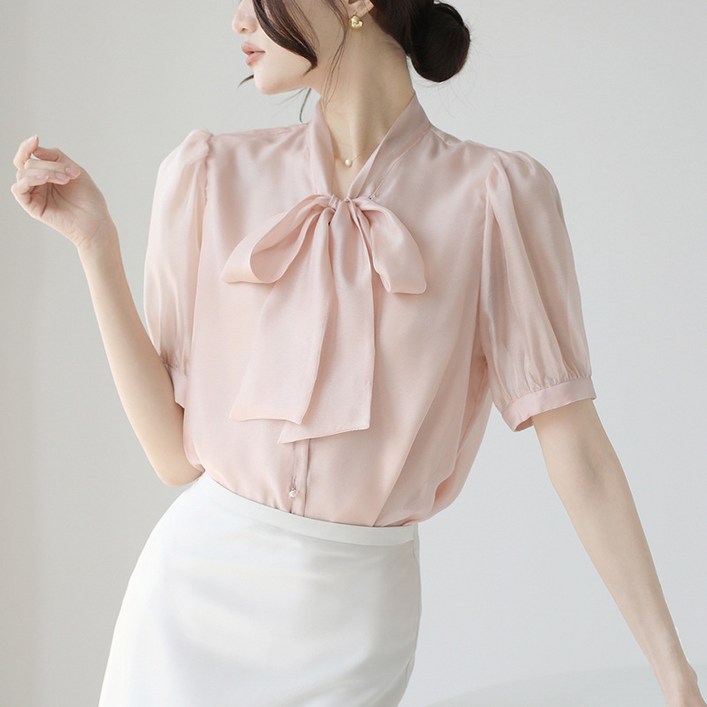 아이도스 여성 고급 실켓 반팔 셔츠 여름 얇은 주름 방지 리본 도트 블라우스 여자 정장 상의 정장