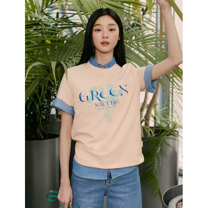 BEANPOLE 빈폴 LADIES Green 보타닉 그래픽 프린트 반소매 티셔츠  베이지