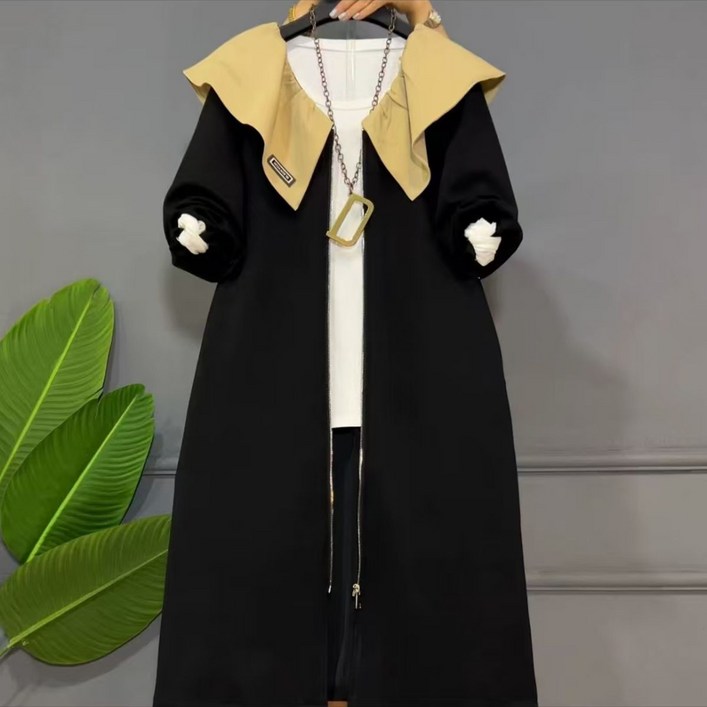 여성 빅카라 트렌치코트 봄 가을 여성용 배색 빅 칼라 지퍼 트렌치코트 CBB
