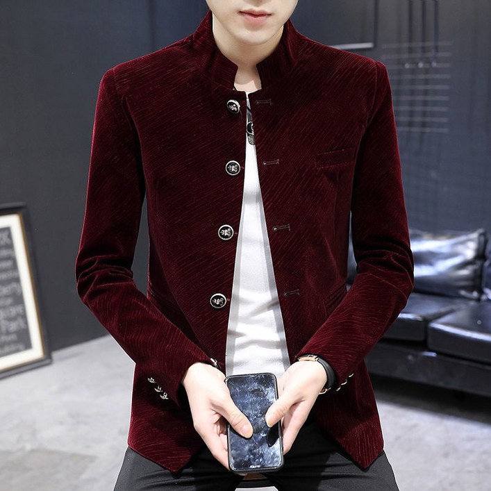 DFMEI 골드 벨벳 기모 차이나 남 하이넥 코트 남 양복 중청년 남 도톰 하이넥 정장