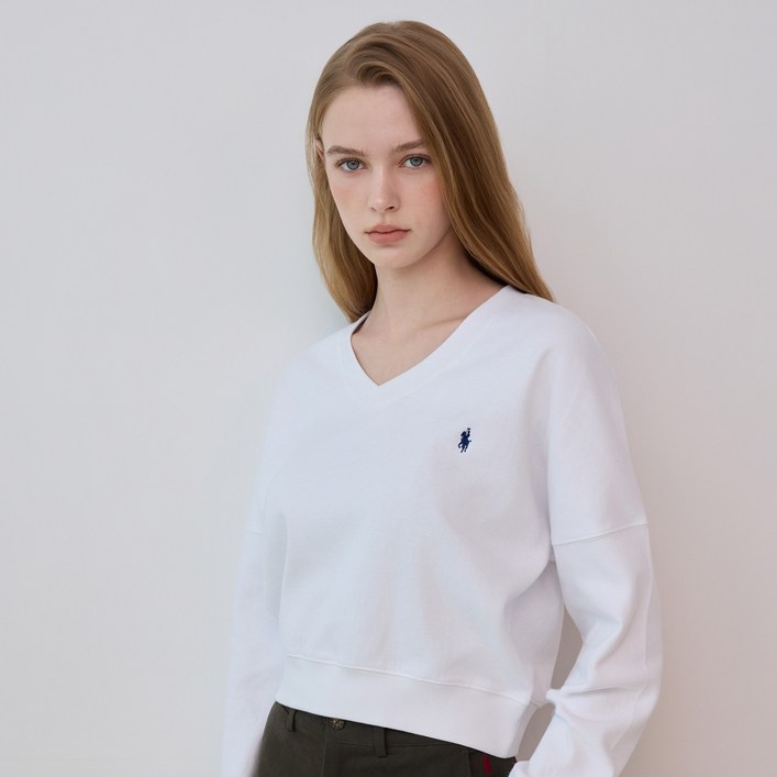 라파클럽 여성 세미크롭 브이넥 맨투맨 풀오버 티셔츠