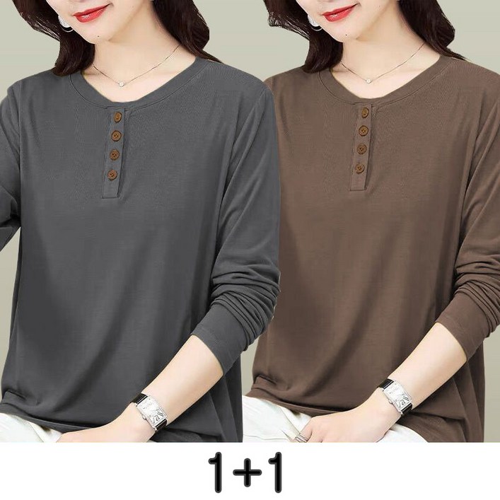 11 긴팔 티셔츠 봄 가을 중년 여성 빅사이즈 이너 긴팔티 캐주얼 엄마옷 루즈핏 라운드 여자 티셔츠 세트 LCC