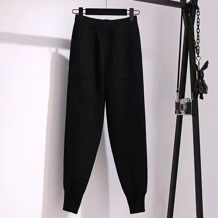 WANGBAIWAN 여성 편한 스포티 니트 조거팬츠 하이웨이스트 빅포켓 배기바지 캐주얼룩 L90502