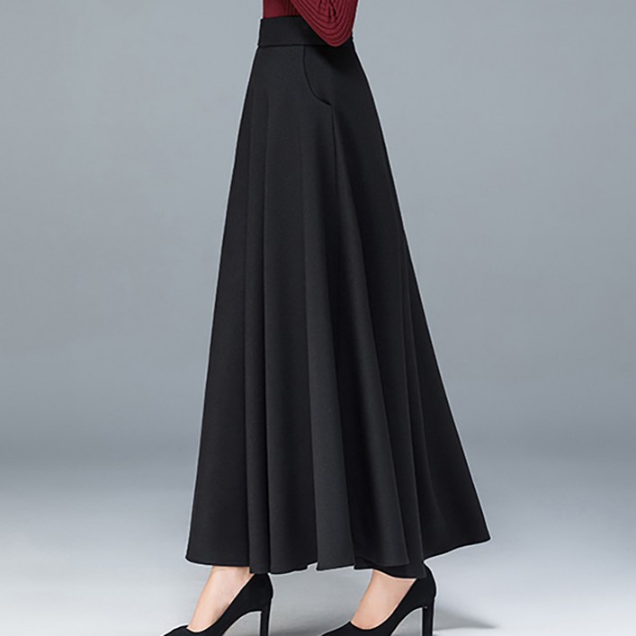 TIMEPURE 봄가을 신상 모던 하이웨이스트 A라인 롱 스커트 카키색 플레어 실루엣 솔리드 드레이피 원단