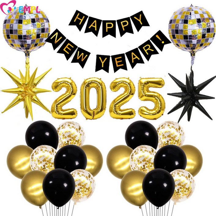 2025 뱀의해 기원 새해 풍선 파티 장식 happy new year 풍선, 1세트, 2025골드