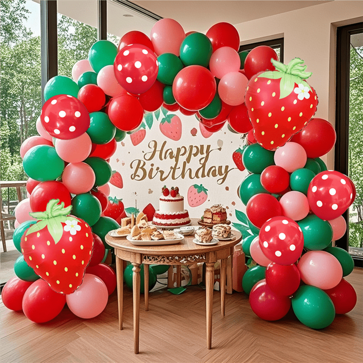 CEUQIESO 딸기 테마 파티 풍선 세트, 생일파티 장식용, 총 108개