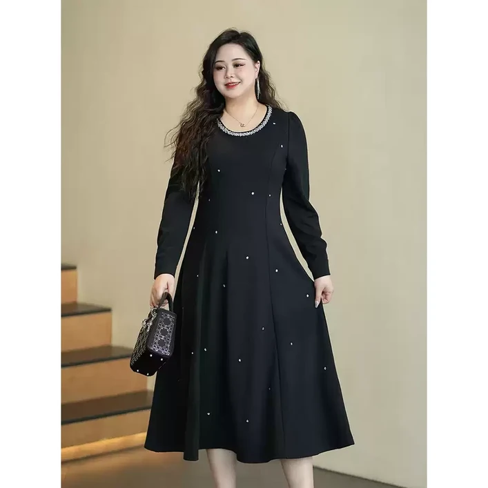 9월 하객룩 빅 사이즈 라지 스팽글 반짝이 라운드넥 가을 원피스 무릎 아래 덮는 돌잔치