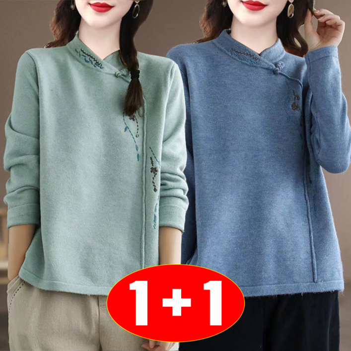 TIMEPURE 11 투피스 여성 보온 상의 가을 겨울 신상 복고풍 패션 루즈핏 엄마룩 문예풍 오버사이즈 반폴라 풀오버 자수 단추 이너 긴팔 티셔츠