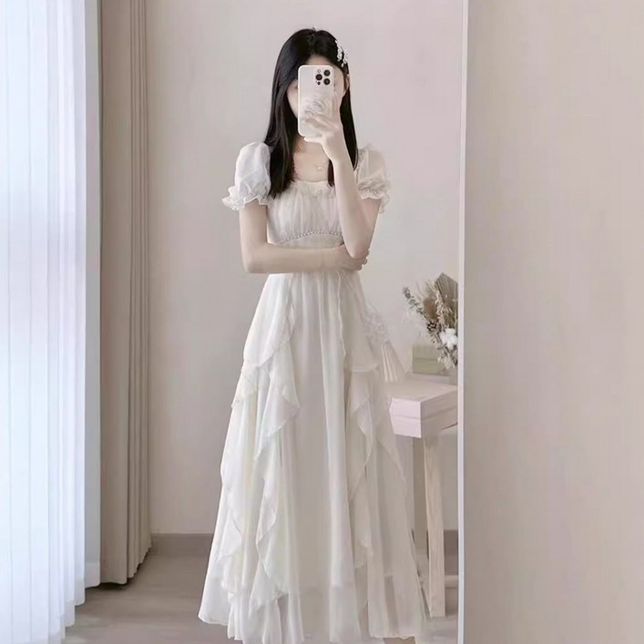 POMTOR 여성용 퍼프소매 쉬폰 롱 휴양지 원피스