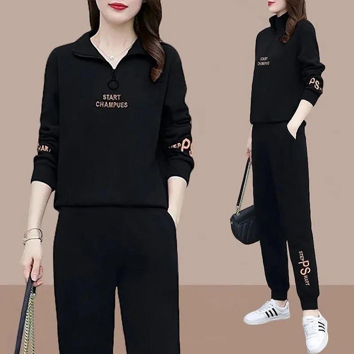 중년 여성용 봄가을 긴팔 트레이닝복 셋업 자수 카고 반집업 맨투맨 조거팬츠 상하의 세트