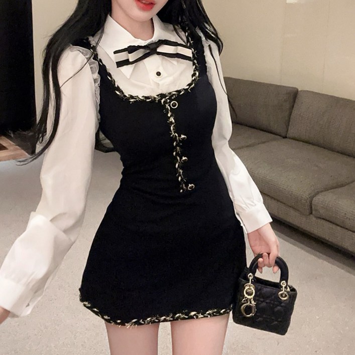 모아펄 리본 셔츠 일체형 배색 포인트 미니 원피스