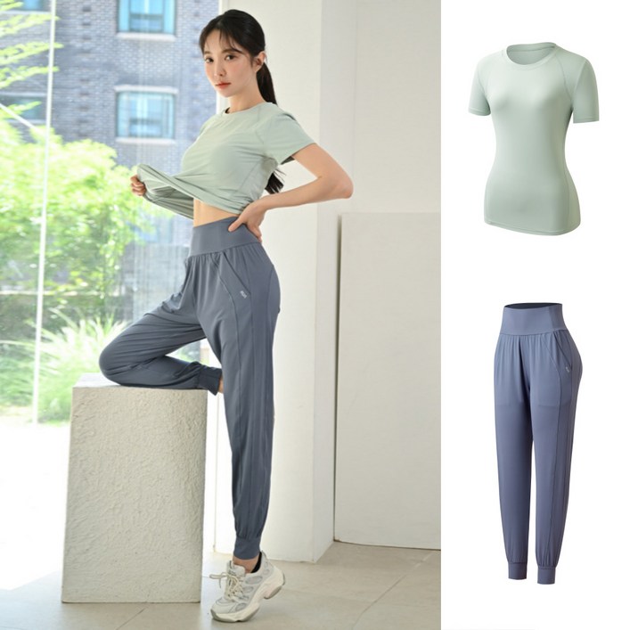 가치스토어 여성 2종세트 슬림핏 반팔티조거팬츠 운동복 상하세트 요가 필라테스 트레이닝복 헬스장 세트