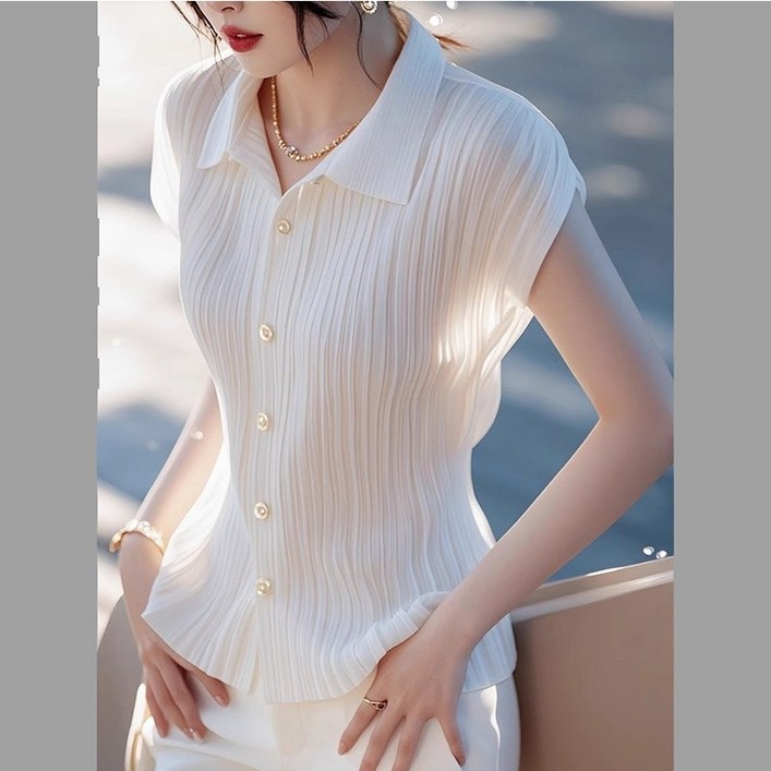 AOKADA 여성 반팔 셔츠 플리츠 카라 블라우스