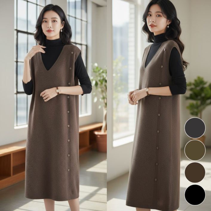 핏몬 여성 루즈핏 브이넥 단추 니트 롱 조끼 원피스 5577