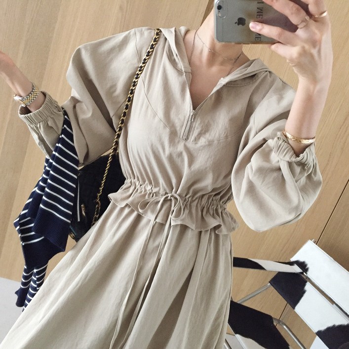 [아이미마인] 우드 지퍼 아노락 허리스트링 면 A라인 루즈핏 롱원피스 (3color)